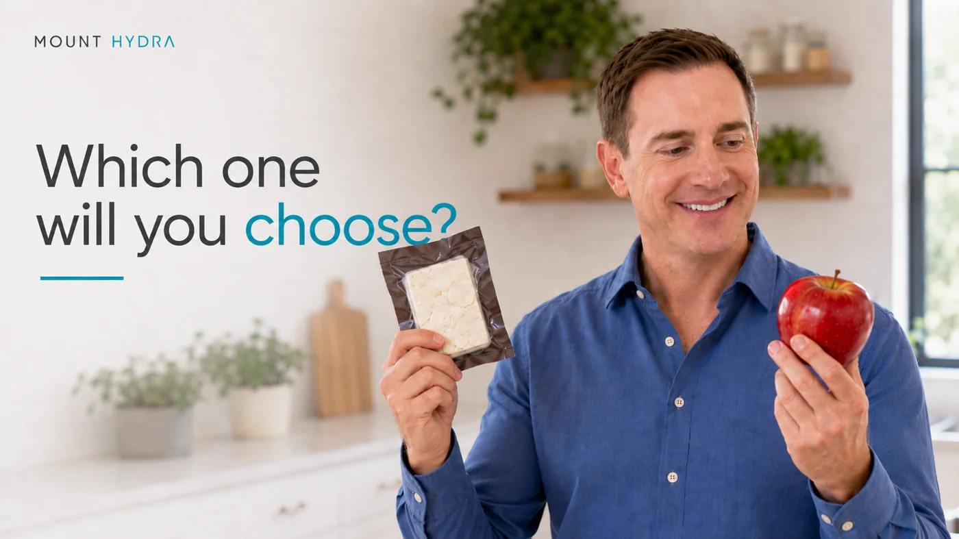Which one will you choose? Fresh versus freeze-dried, shown as a fresh apple beside a freeze-dried pouch