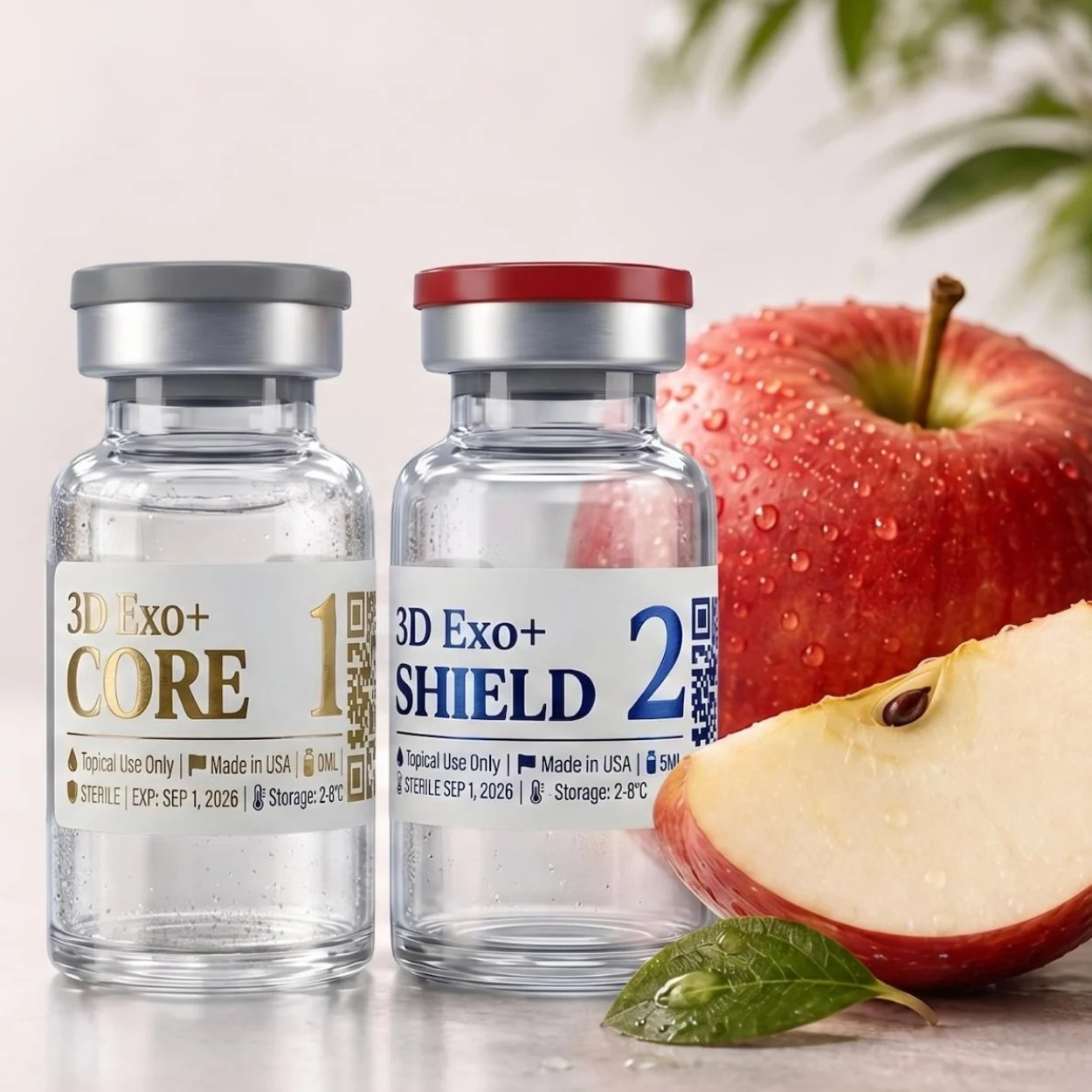 Core and Shield vials beside a fresh apple, the fresh versus freeze-dried comparison